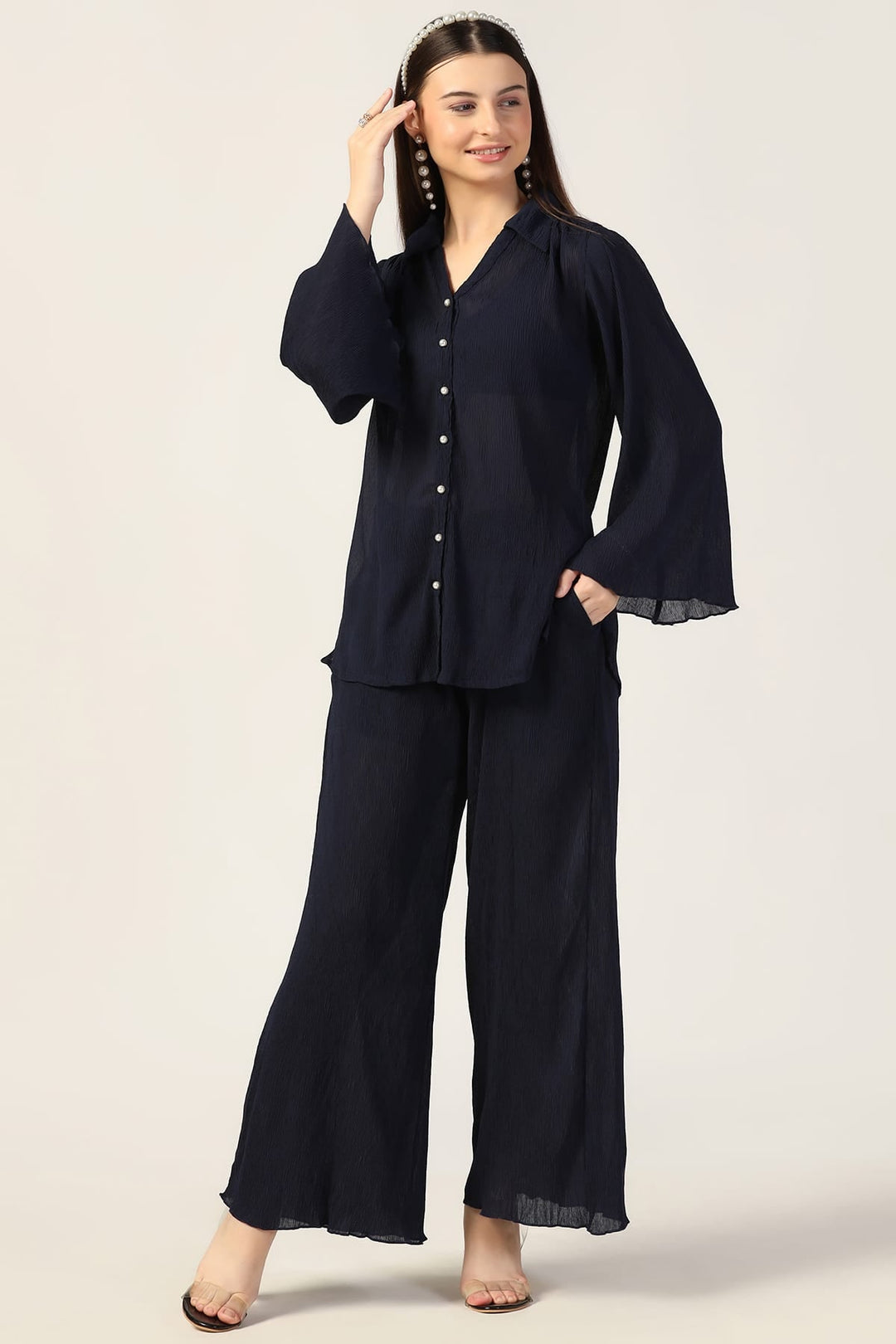 Pleated Georgette Co-Ord Top with Flared Sleeves