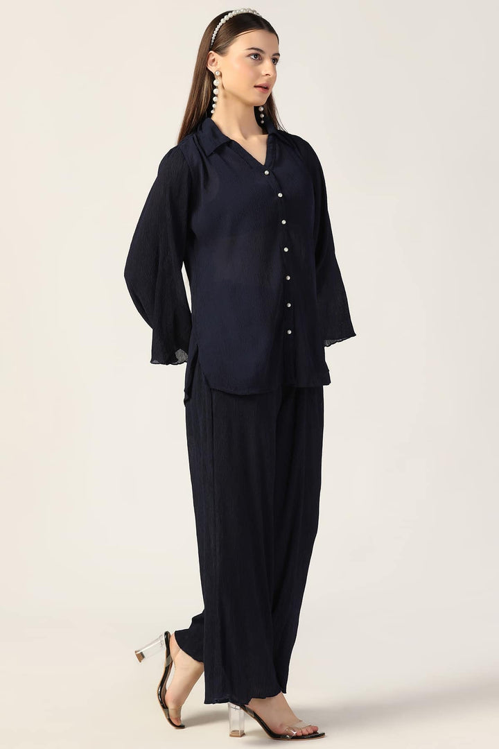 Pleated Georgette Co-Ord Top with Flared Sleeves