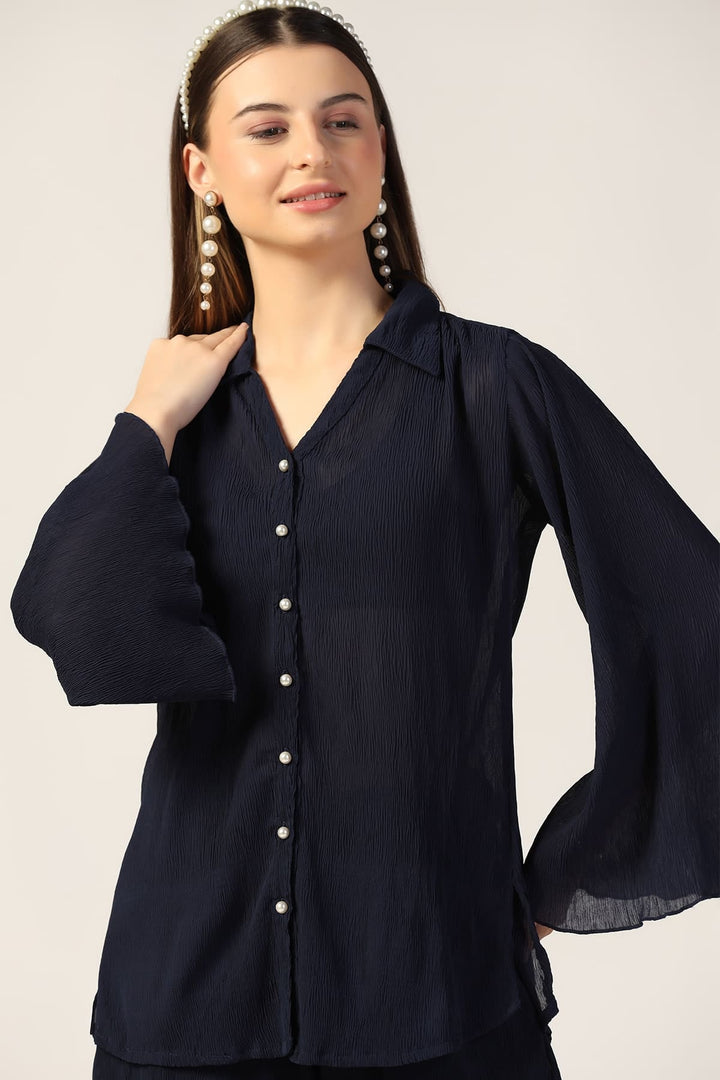 Pleated Georgette Co-Ord Top with Flared Sleeves
