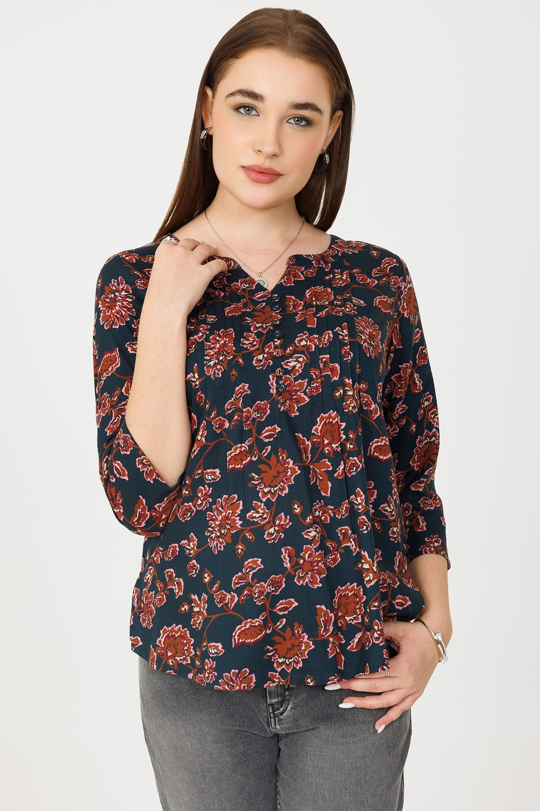 Blue Pintuck Casual Top