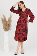 Coral & Black Rayon Dobby Print V-Neck Dress