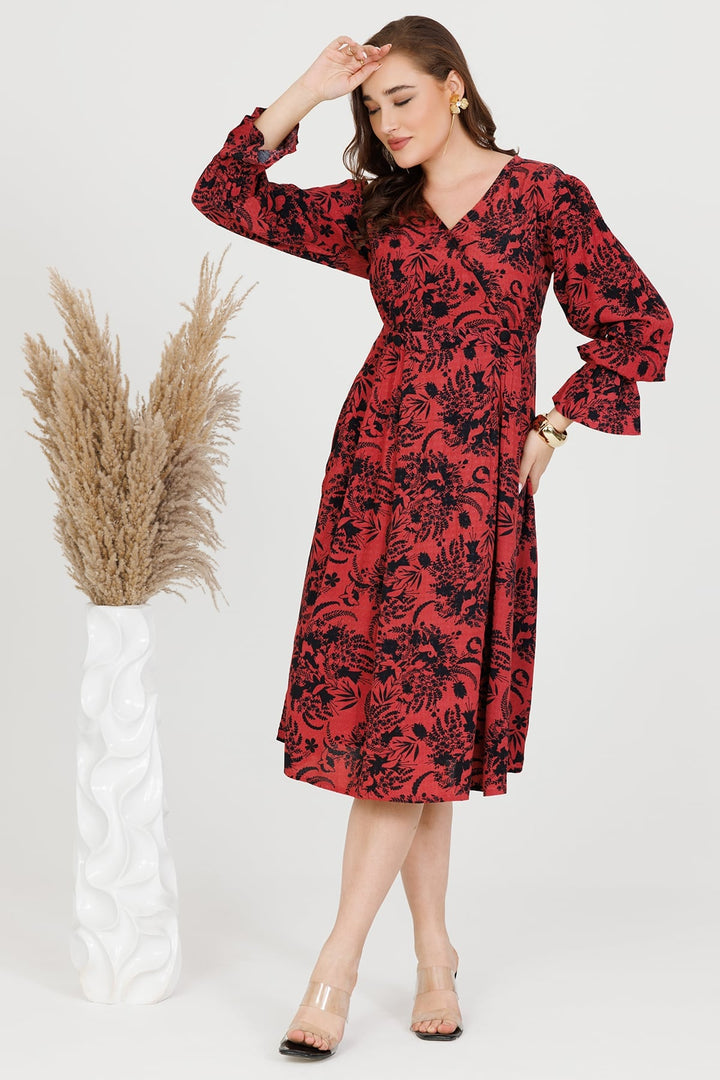 Coral &amp; Black Rayon Dobby Print V-Neck Dress