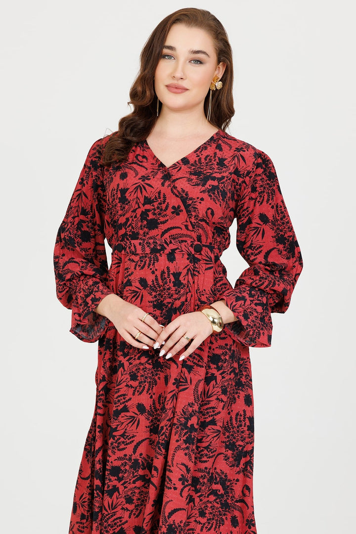 Coral &amp; Black Rayon Dobby Print V-Neck Dress