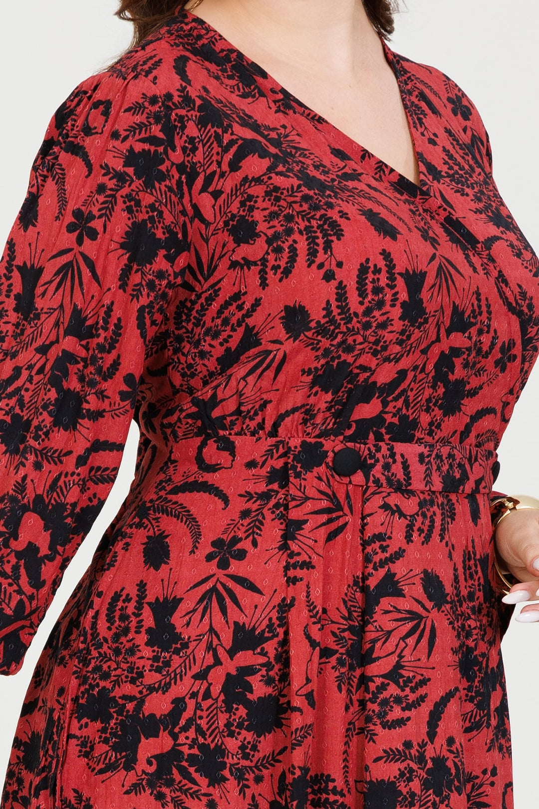 Coral &amp; Black Rayon Dobby Print V-Neck Dress