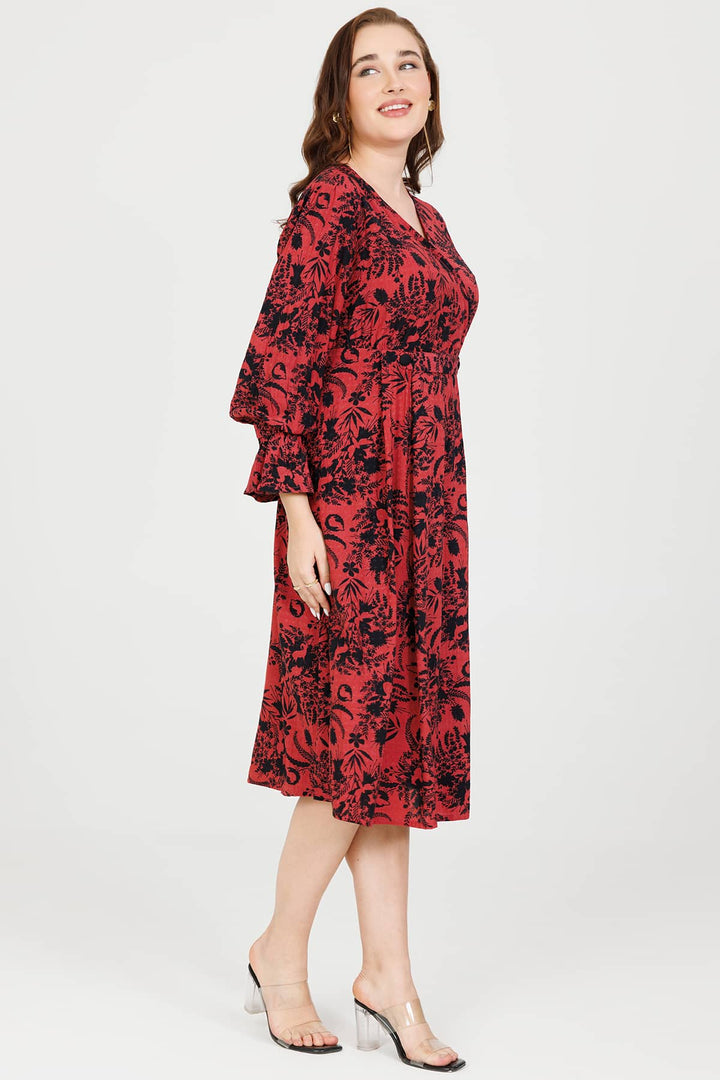 Coral &amp; Black Rayon Dobby Print V-Neck Dress