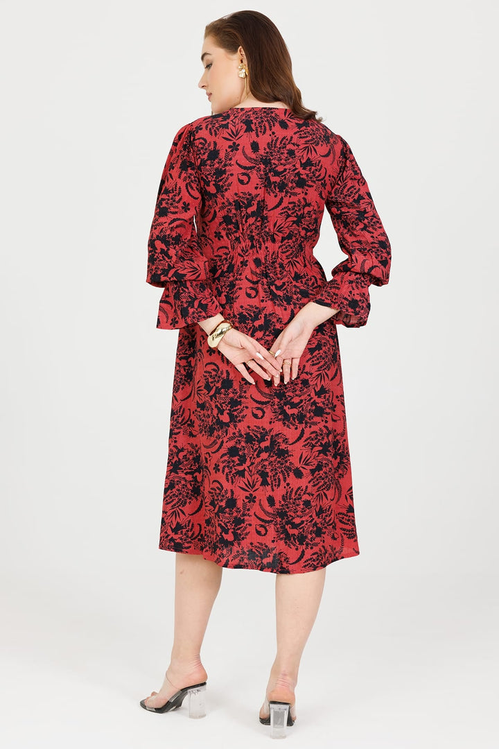 Coral &amp; Black Rayon Dobby Print V-Neck Dress