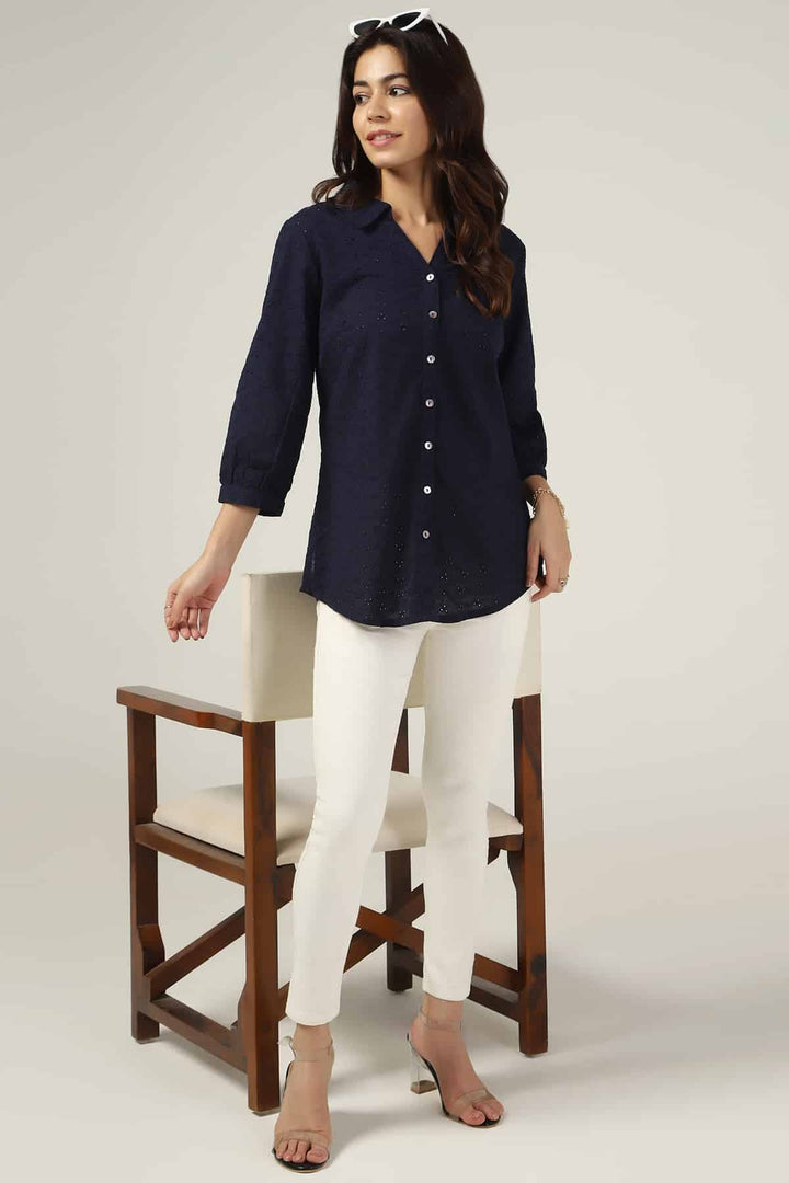 Navy Schiffli Embroidered Shirt