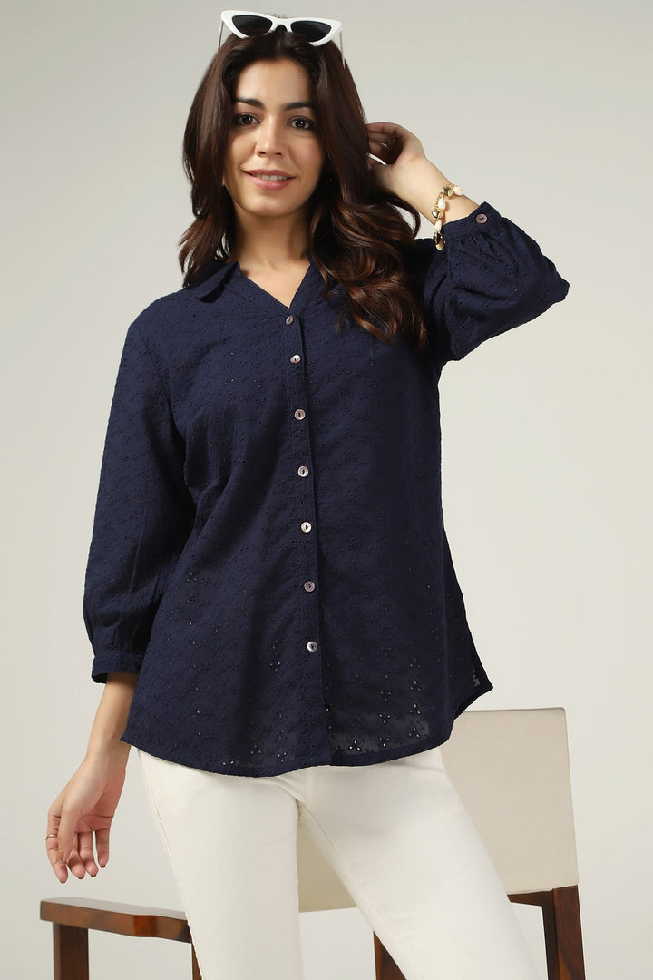 Navy Schiffli Embroidered Shirt