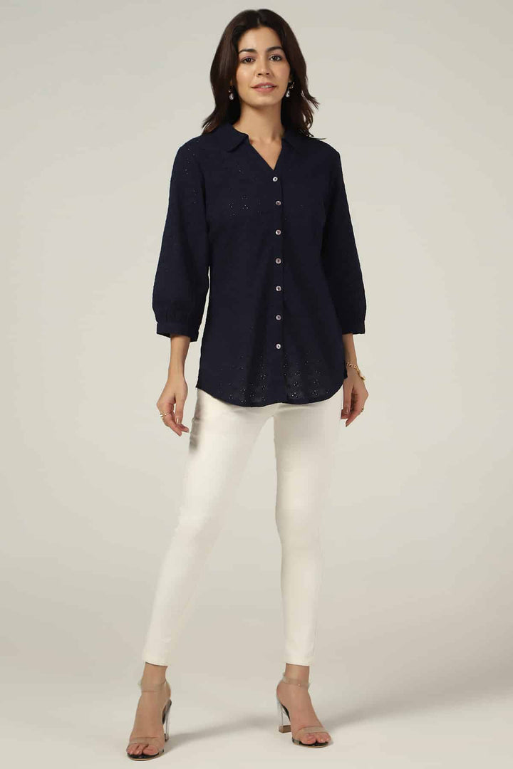 Navy Schiffli Embroidered Shirt