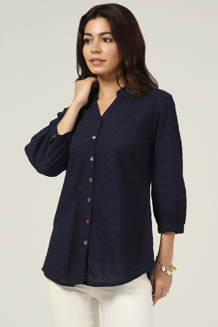 Navy Schiffli Embroidered Shirt