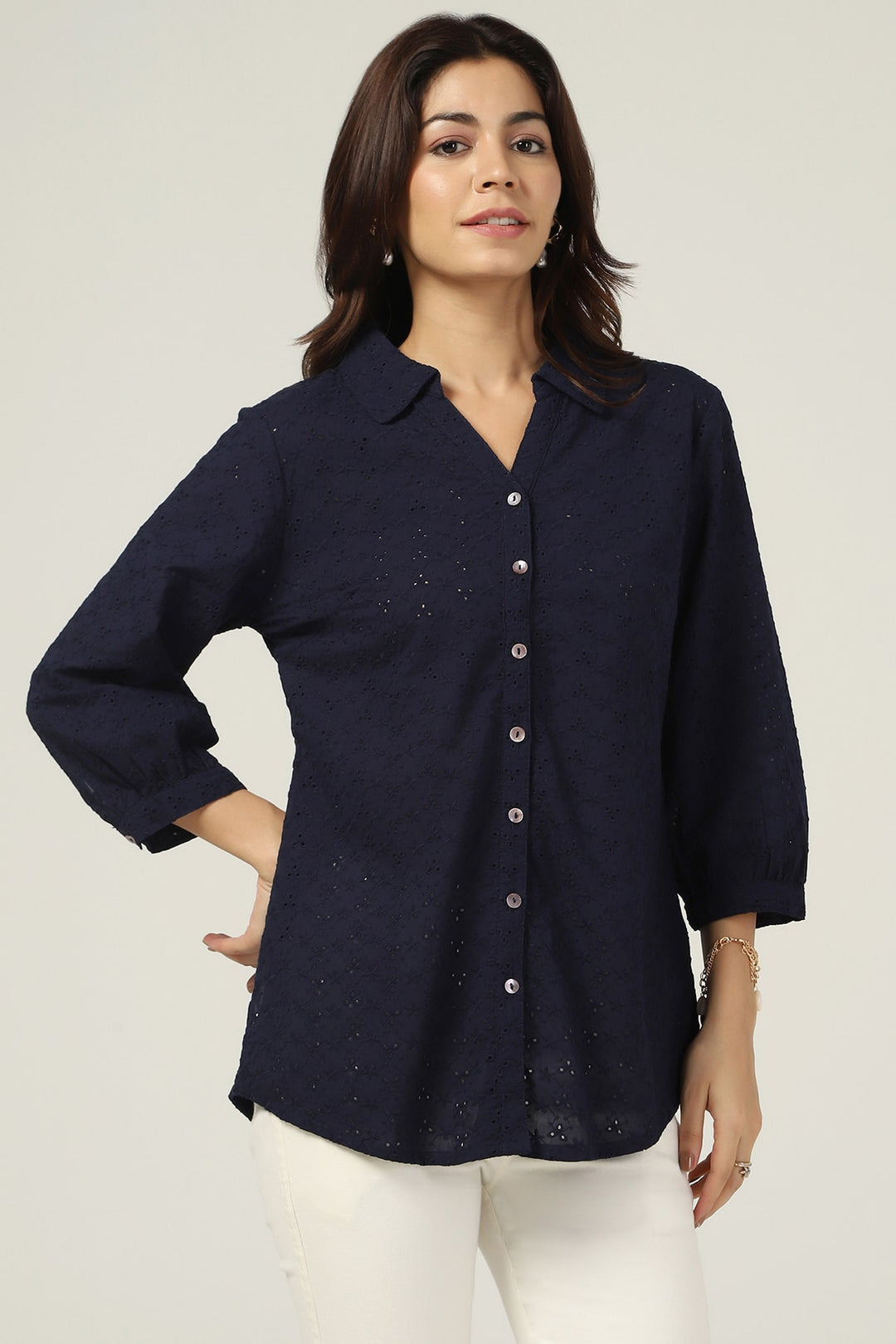 Navy Schiffli Embroidered Shirt