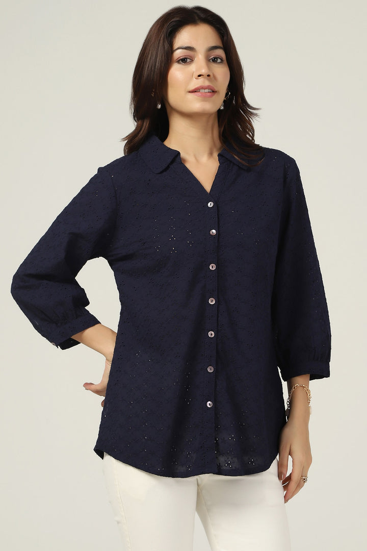 Navy Schiffli Embroidered Shirt