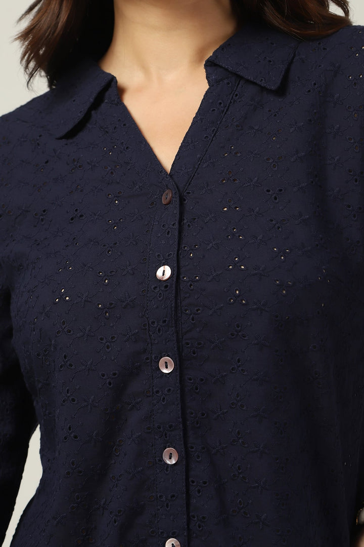 Navy Schiffli Embroidered Shirt