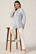 White & Blue Striped Pintuck Casual Top