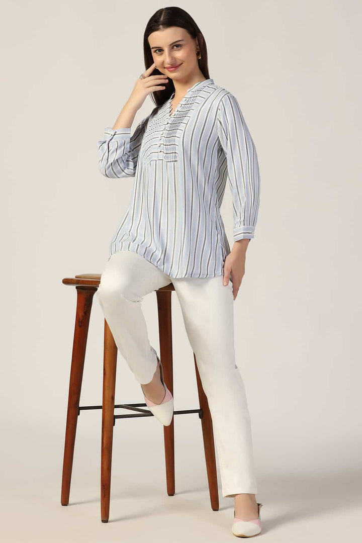 White &amp; Blue Striped Pintuck Casual Top