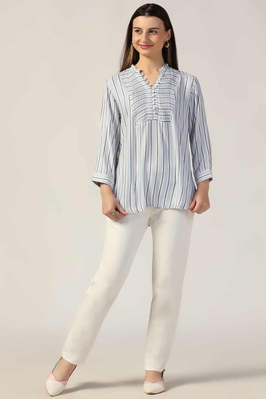 White &amp; Blue Striped Pintuck Casual Top