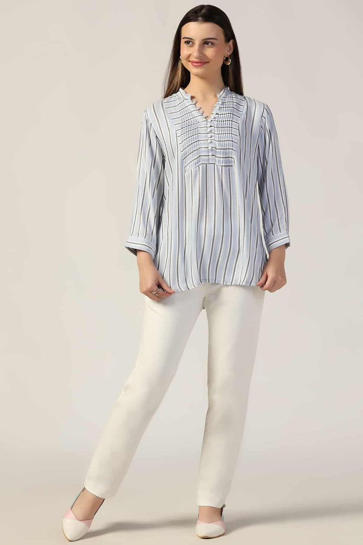 White &amp; Blue Striped Pintuck Casual Top