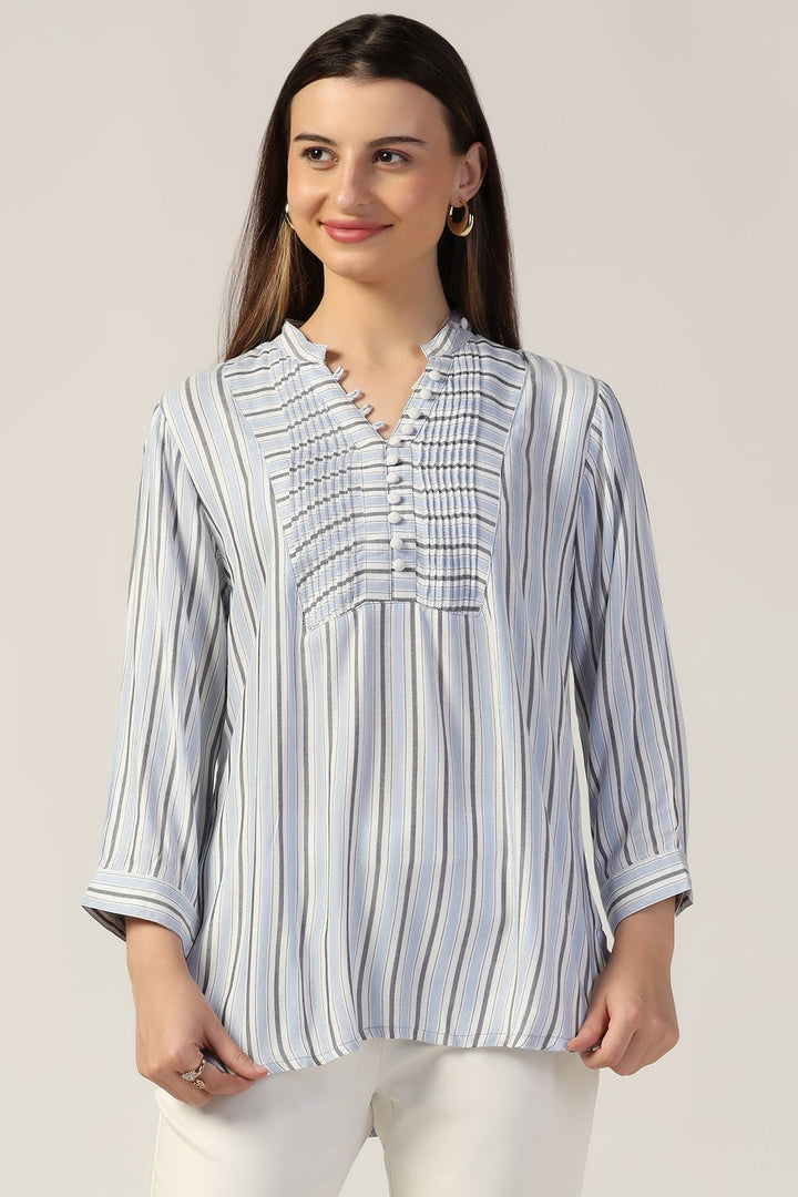 White &amp; Blue Striped Pintuck Casual Top