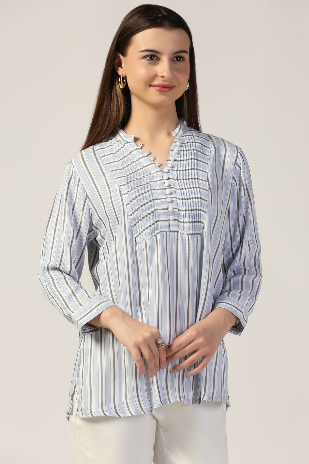 White &amp; Blue Striped Pintuck Casual Top