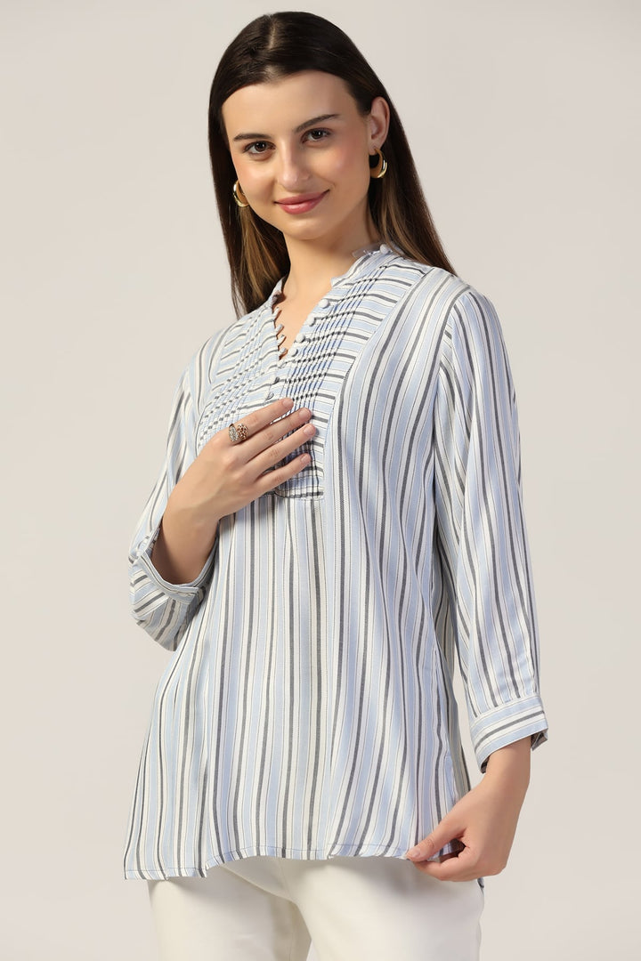 White &amp; Blue Striped Pintuck Casual Top