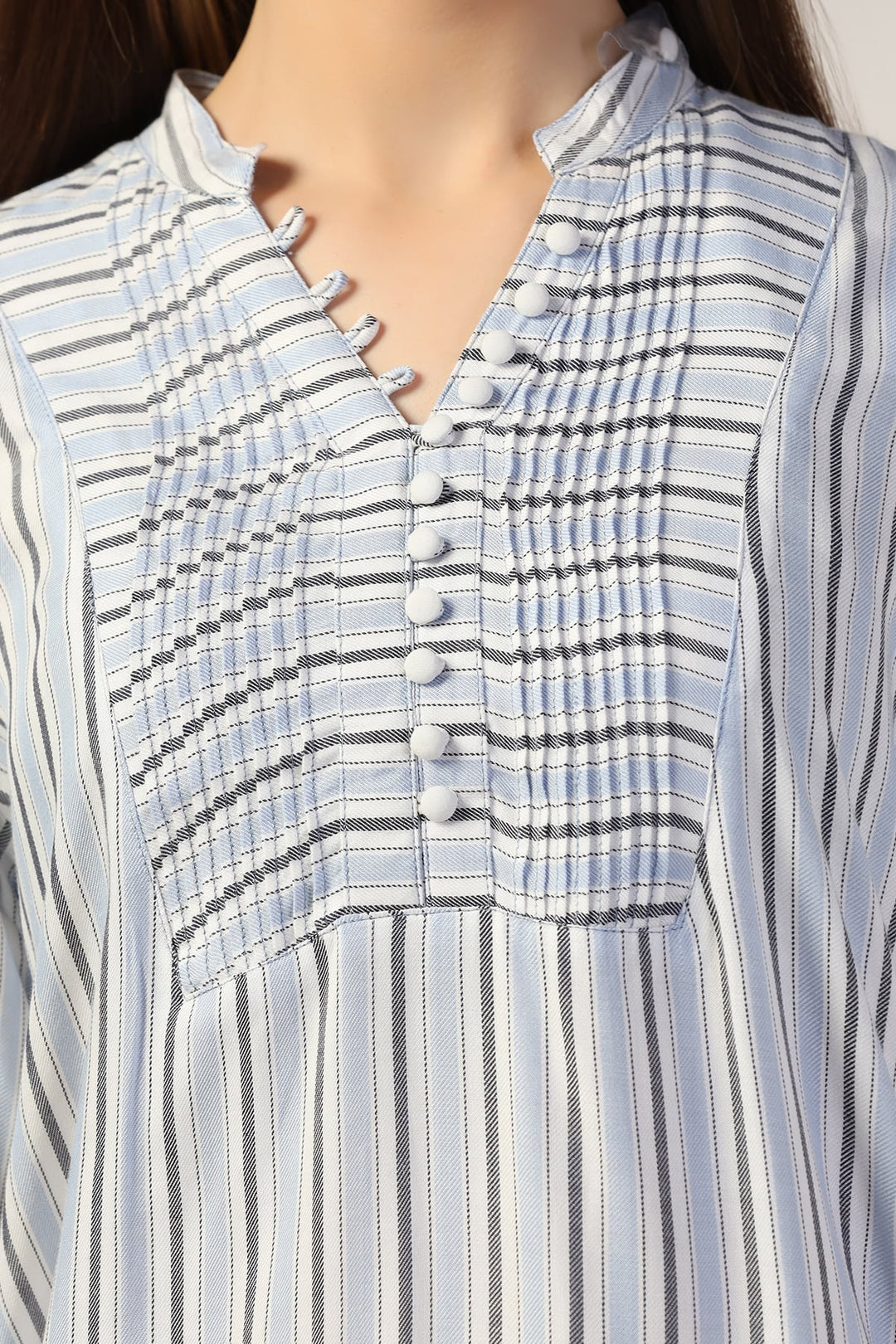 White &amp; Blue Striped Pintuck Casual Top