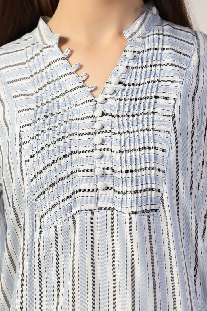 White &amp; Blue Striped Pintuck Casual Top