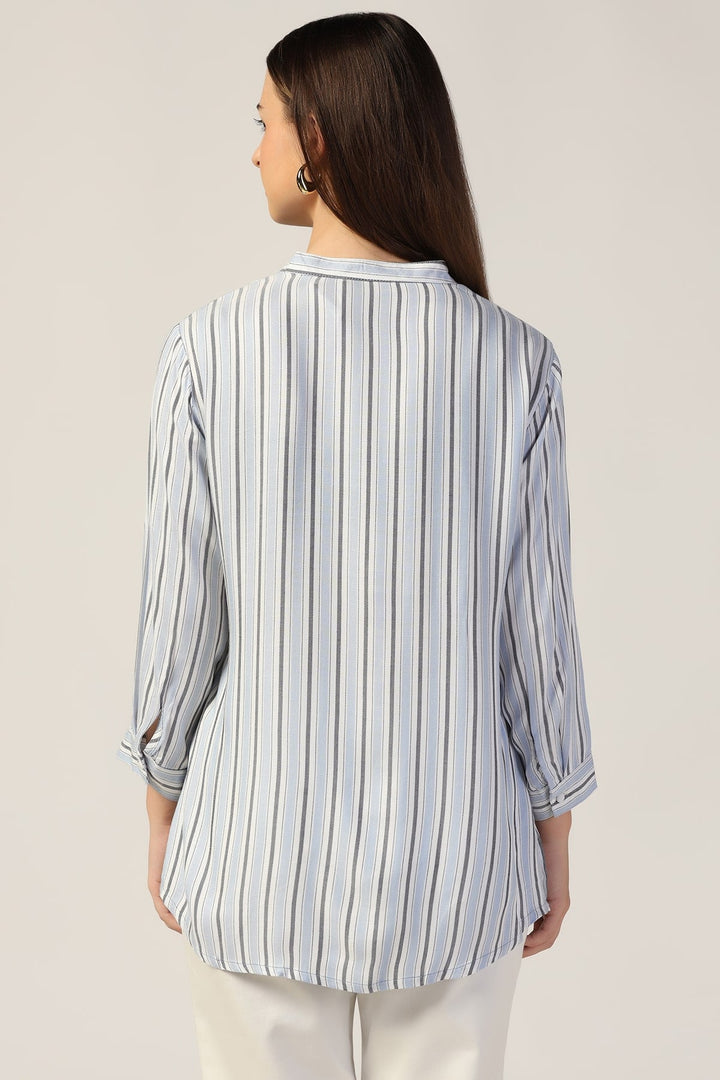 White &amp; Blue Striped Pintuck Casual Top