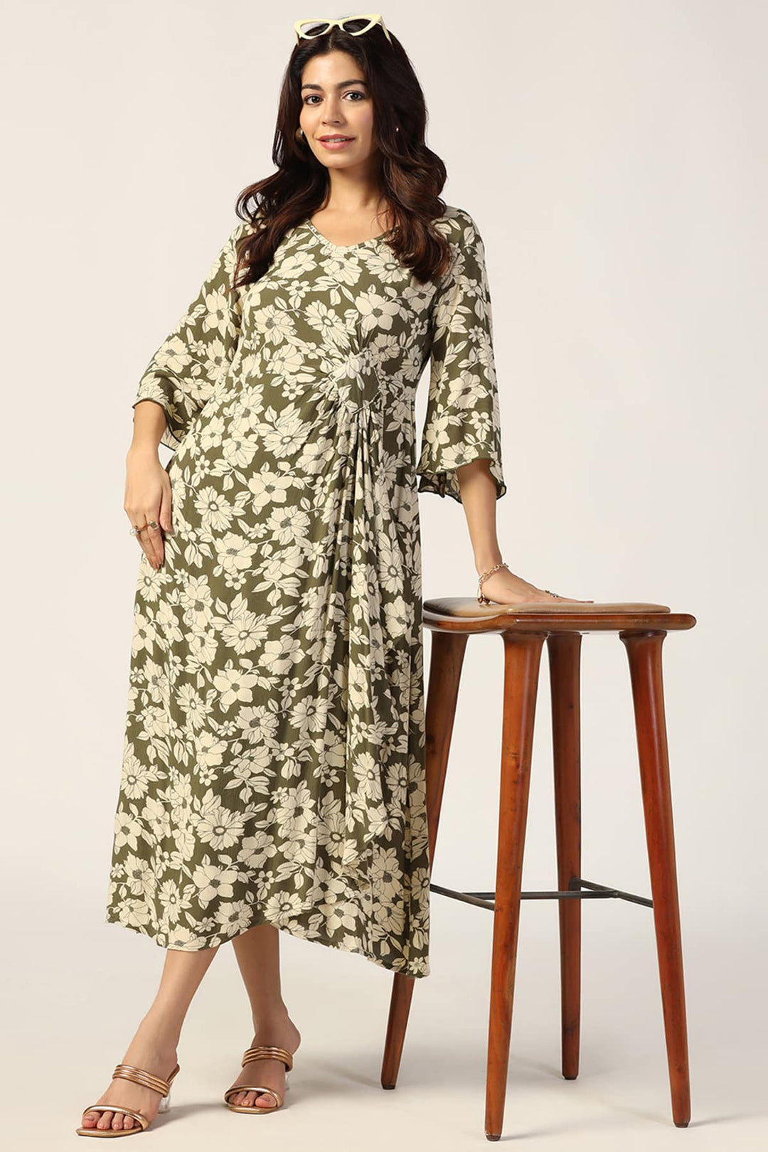 Olive Green &amp; Beige Rayon Crepe Printed Dress