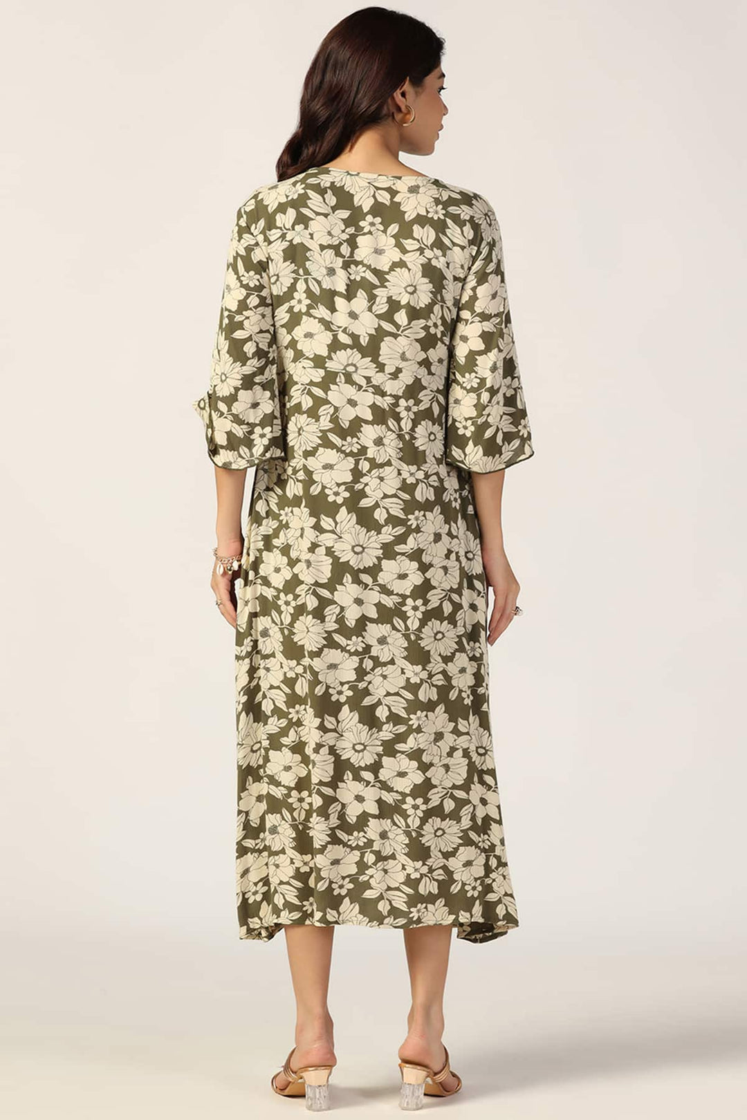 Olive Green &amp; Beige Rayon Crepe Printed Dress