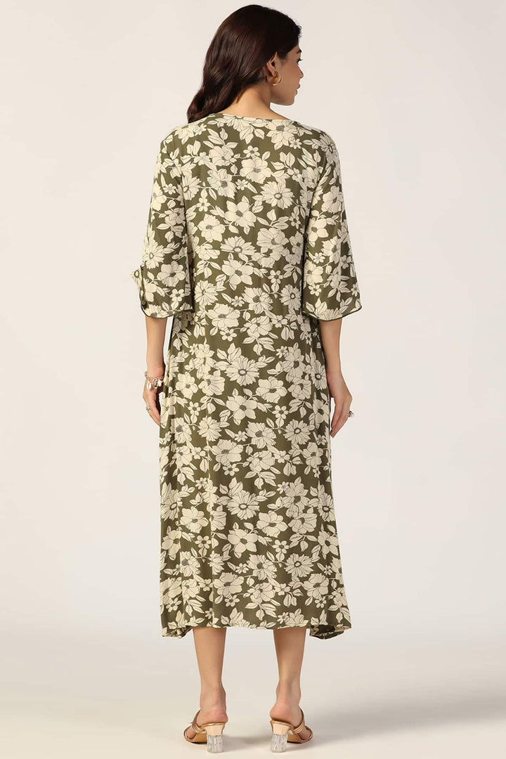 Olive Green &amp; Beige Rayon Crepe Printed Dress