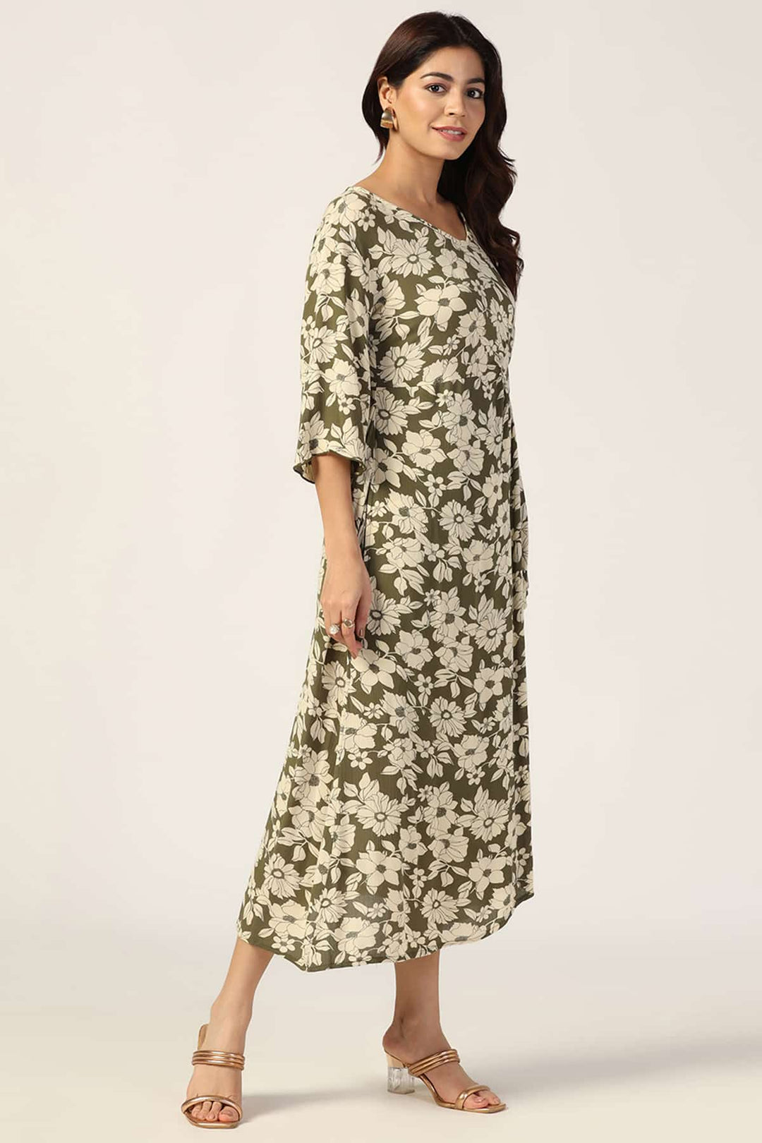Olive Green &amp; Beige Rayon Crepe Printed Dress