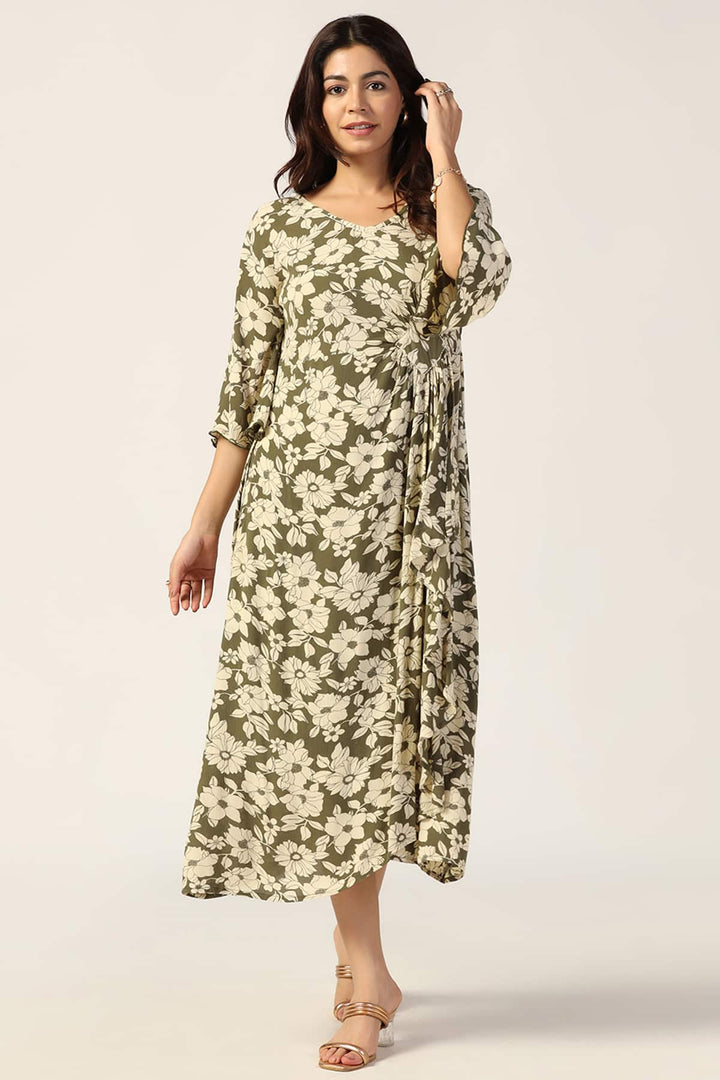 Olive Green &amp; Beige Rayon Crepe Printed Dress