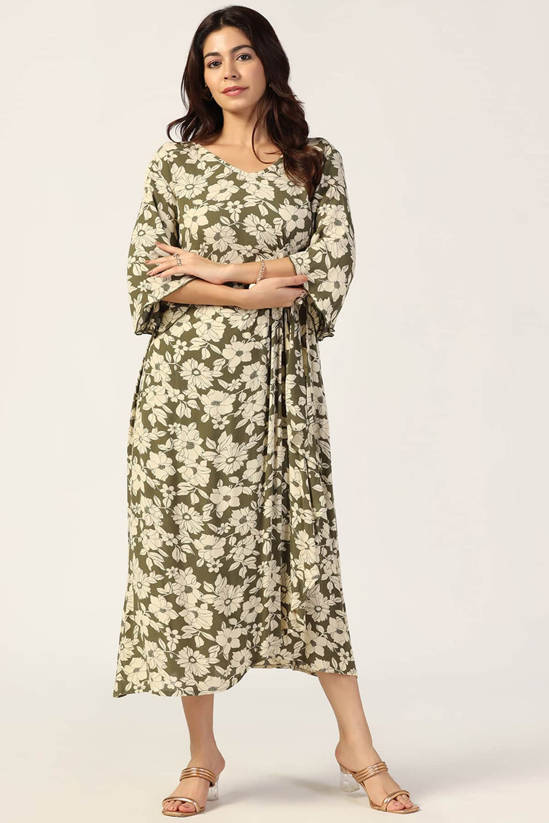 Olive Green &amp; Beige Rayon Crepe Printed Dress