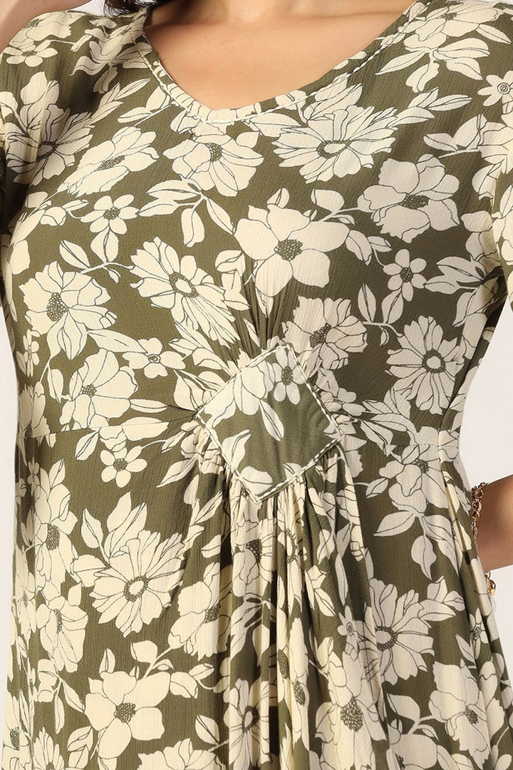 Olive Green &amp; Beige Rayon Crepe Printed Dress