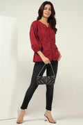 Wine Schiffli V-Neck Top