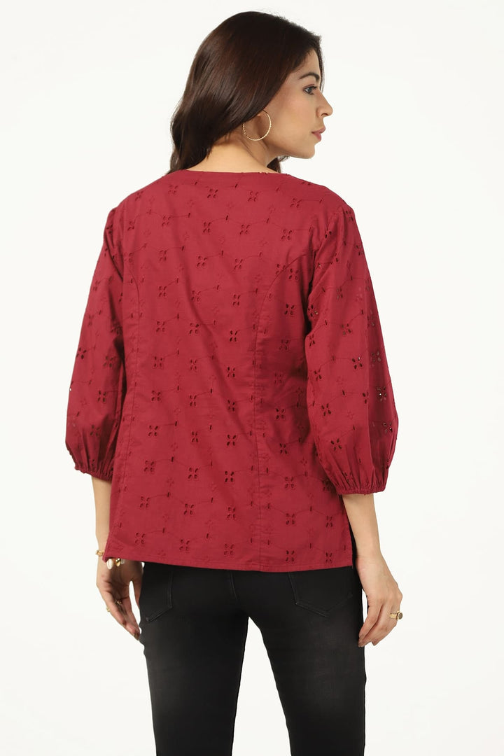 Wine Schiffli V-Neck Top