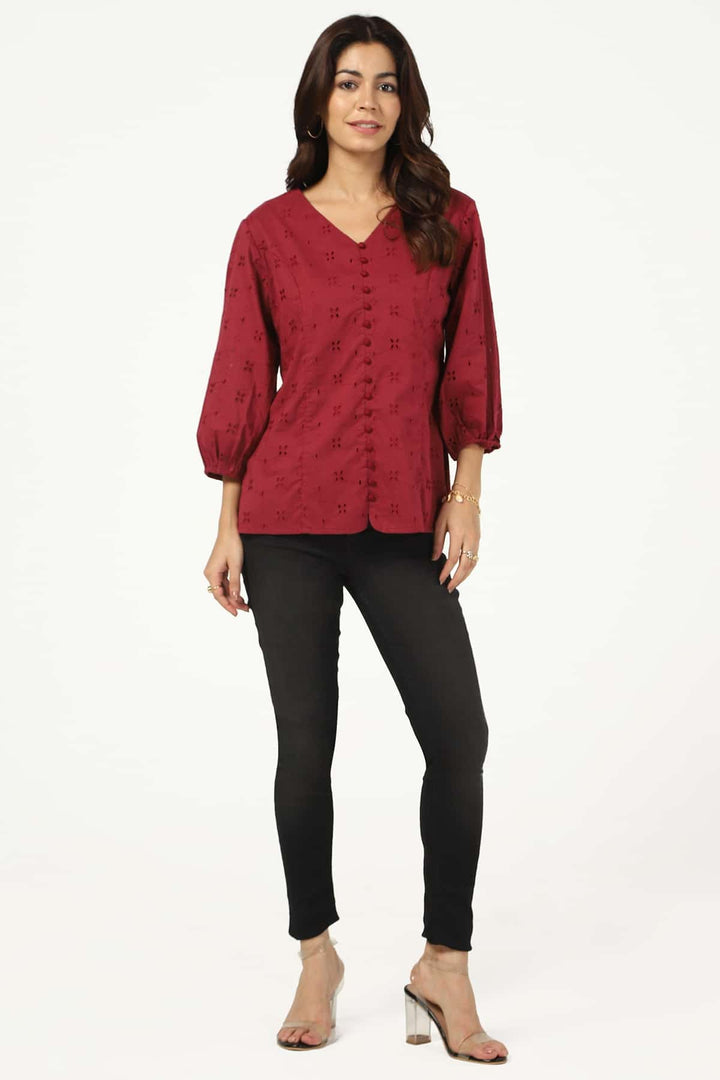 Wine Schiffli V-Neck Top