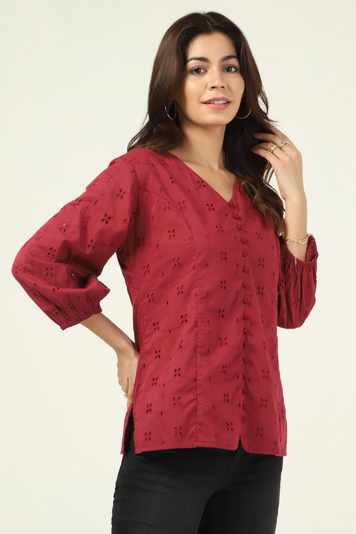 Wine Schiffli V-Neck Top
