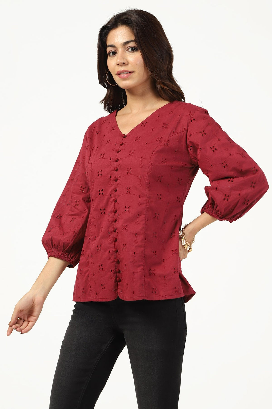 Wine Schiffli V-Neck Top