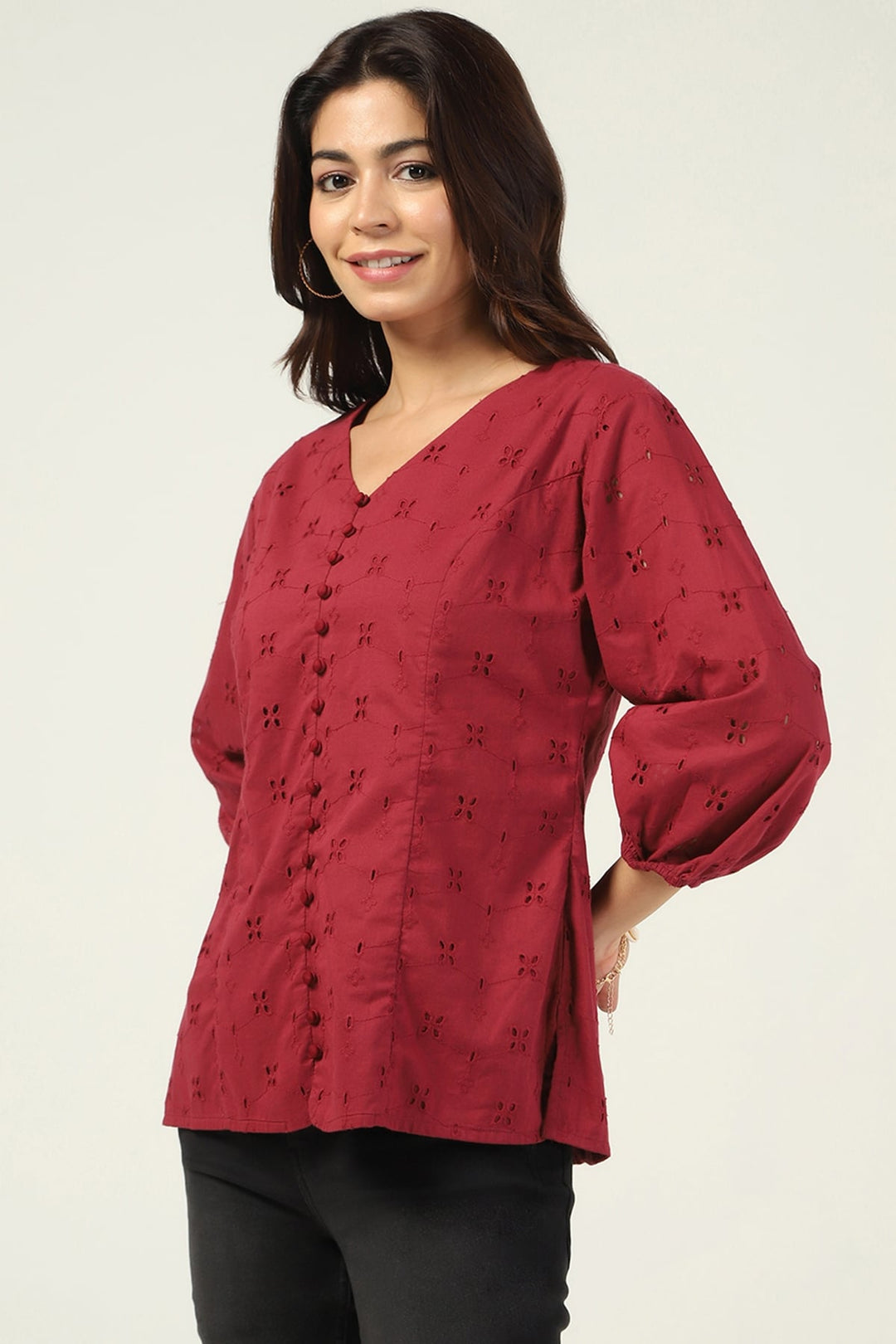 Wine Schiffli V-Neck Top