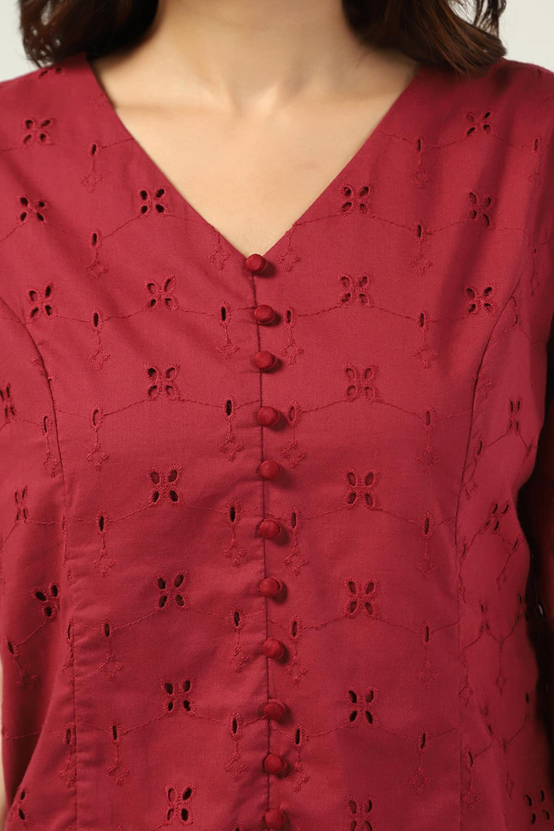 Wine Schiffli V-Neck Top