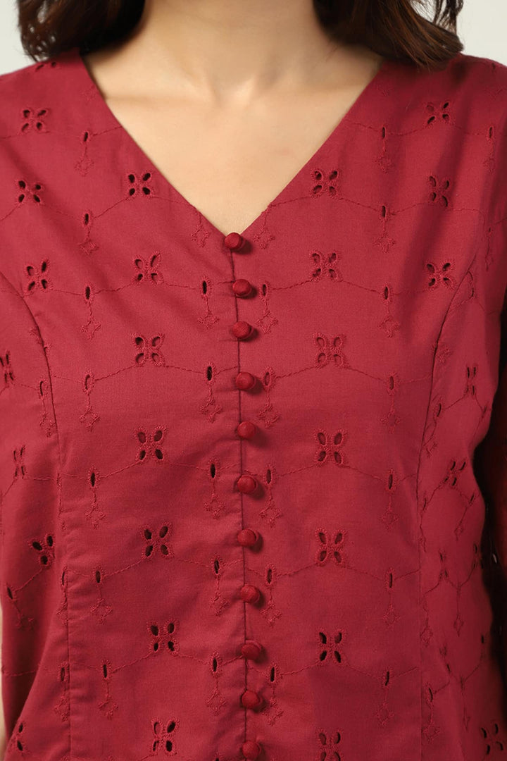 Wine Schiffli V-Neck Top