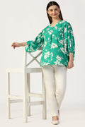 Green Rayon Moss Printed V-Neck Top