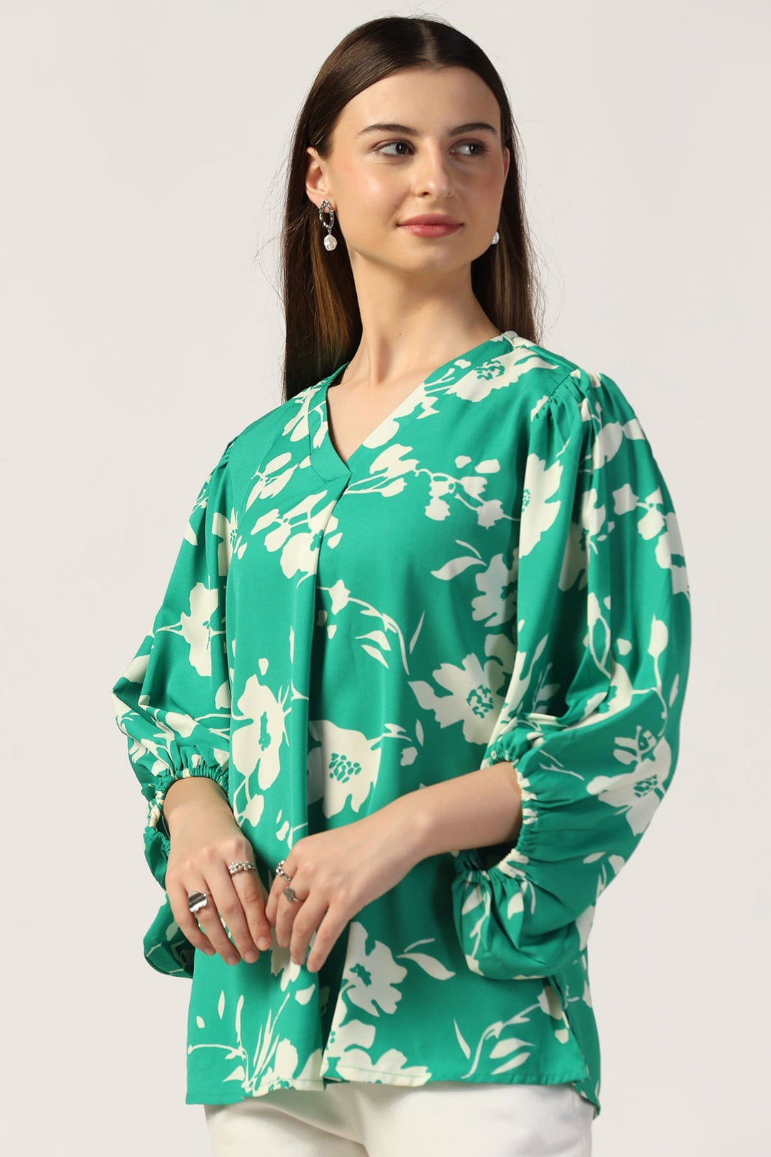 Green Rayon Moss Printed V-Neck Top