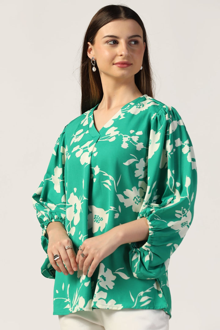 Green Rayon Moss Printed V-Neck Top