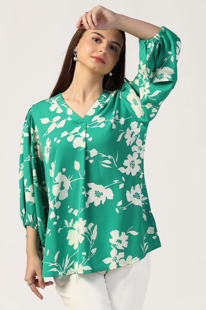 Green Rayon Moss Printed V-Neck Top