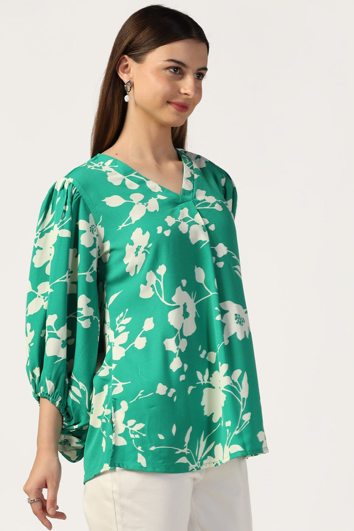 Green Rayon Moss Printed V-Neck Top