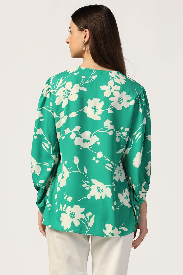 Green Rayon Moss Printed V-Neck Top