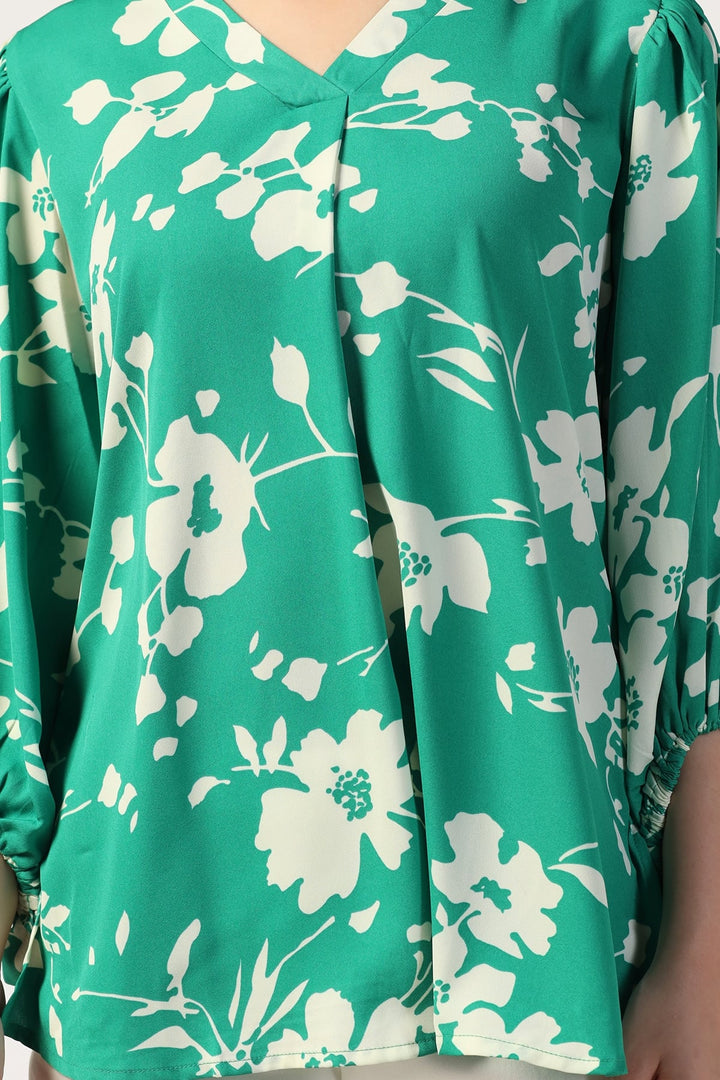 Green Rayon Moss Printed V-Neck Top
