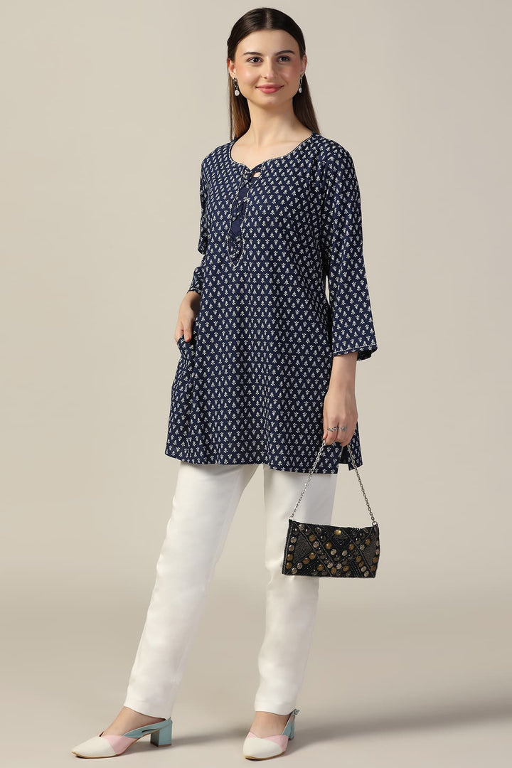 Blue Embroidered Linen Casual Top